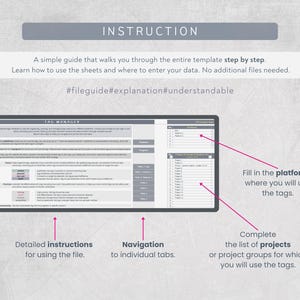 May include: A digital instruction guide with the title "INSTRUCTION" at the top. The guide provides step-by-step instructions for using a template, with detailed instructions, navigation to tabs, and platform and project sections. The text includes the hashtags #fileguide, #explanation, and #understandable.
