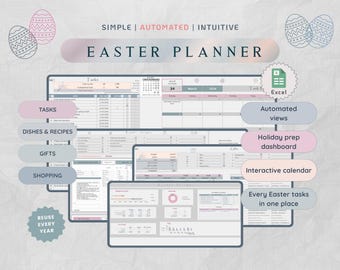 Planificador de Pascua en formato hoja de cálculo, presupuesto para las fiestas en Excel, plan de comidas y lista de regalos.