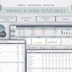 May include: A digital profit and loss statement template with the text "PROFIT & LOSS STATEMENT". The template includes options for monthly, quarterly, and yearly views, automated views, dashboard KPIs, and printable formats. The Excel file is designed to be reused every year.