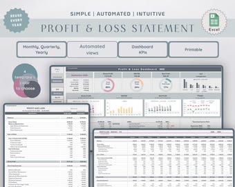 Puede incluir: Una plantilla digital de estado de resultados con el texto "PROFIT & LOSS STATEMENT". La plantilla incluye opciones para vistas mensuales, trimestrales y anuales, vistas automatizadas, KPI de panel y formatos imprimibles. El archivo de Excel está diseñado para ser reutilizado cada año.
