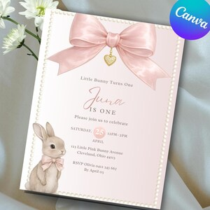 Editable Bunny First Birthday Invitation Template – Pink Bow Girl 1st Birthday Invite – Printable 5x7” Canva Template – Instant Download