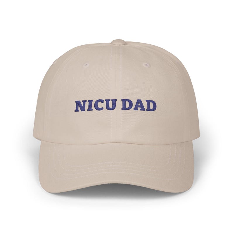 NICU DAD Hat, Gift for a New Dad, Stone Beige Low Profile Baseball Cap with Navy Embroidery afbeelding 1