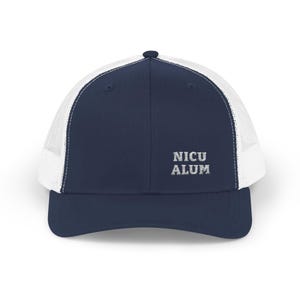 NICU ALUM Trucker Hat, Embroidered Navy and White Mesh Snapback, Gift for a NICU Parent, Dad or Mom image 1