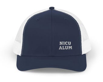NICU ALUM Trucker Hat, Embroidered Navy and White Mesh Snapback, Gift for a NICU Parent, Dad or Mom