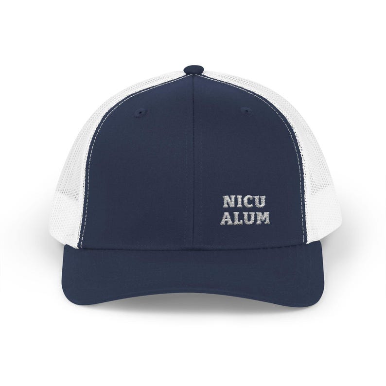 NICU ALUM Trucker Hat, Embroidered Navy and White Mesh Snapback, Gift for a NICU Parent, Dad or Mom image 1