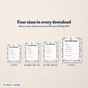 A size guide titled "Four sizes in every download" shows the page to scale in 8 × 10 in, US Letter 8.5 × 11 in, A4 210 × 297 mm, and 11 × 14 in, with a note that each one is a vector PDF and a 300 dpi PNG.