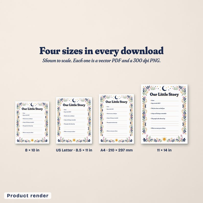 A size guide titled "Four sizes in every download" shows the page to scale in 8 × 10 in, US Letter 8.5 × 11 in, A4 210 × 297 mm, and 11 × 14 in, with a note that each one is a vector PDF and a 300 dpi PNG.