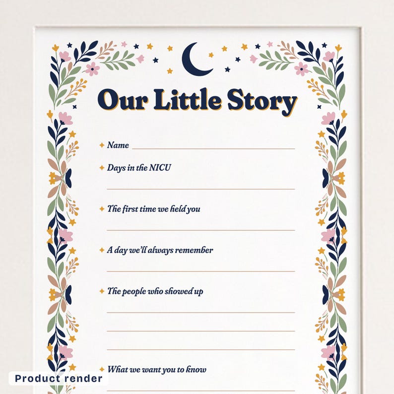 A close view of the page's labels, each with a small mustard sparkle and tan writing lines: Name, Days in the NICU, The first time we held you, A day we'll always remember, The people who showed up, and What we want you to know. A moon and stars sit above the title, and leaves and flowers run down both sides.