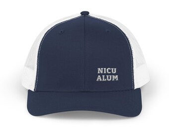 NICU ALUM Trucker Hat, Embroidered Navy and White Mesh Snapback, Gift for a NICU Parent, Dad or Mom