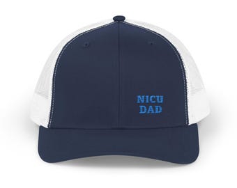 NICU DAD Trucker Hat, Embroidered Navy and White Mesh Snapback with Bright Blue Thread, Gift for a New Dad