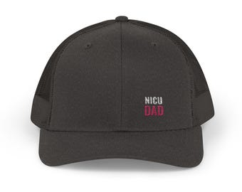 NICU DAD Trucker Hat, Charcoal Dark Heather Grey Mesh Snapback, Small White and Flamingo Pink Embroidery, Gift for a New Dad