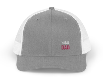 NICU DAD Trucker Hat in 4 Colors incl. Heather Grey and Pink, Embroidered Mesh Snapback, Gift for a New Dad