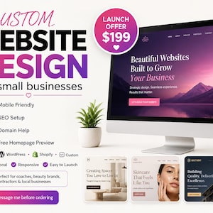 Può includere: Un monitor di computer che mostra una pubblicità di servizi di web design con il testo CUSTOM WEBSITE DESIGN for small businesses. Include un'offerta di lancio di 199 $, icone delle funzioni, loghi delle piattaforme e tre anteprime di siti.