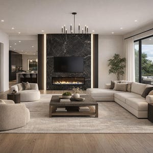 Puede incluir: Un salón moderno con un gran sofá esquinero, dos sillones y una mesa de centro. Una chimenea está empotrada en una pared de mármol negro, con un televisor encima. La habitación tiene grandes ventanales y suelo de madera.