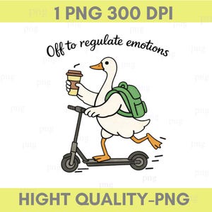以下が含まれることがあります： スクーターに乗ってコーヒーカップと緑色のバックパックを持っている白いガチョウの漫画イラスト。テキスト「Off to regulate emotions」はガチョウの上にあります。画像には、上部と下部に黄色のバナーがあります。