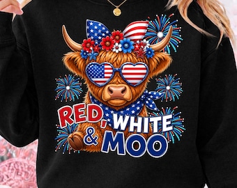 Rot, Weiß und Mond PN, Highland Cow Vaterländische Sublimation, Western Cowgirl Bow 4. Juli USA, rustikales Americana Cow Design