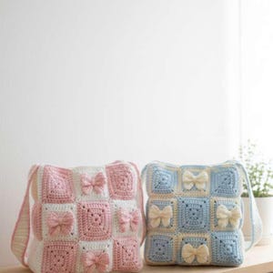 Crochet Bow Tote Bag Pattern, Coquette Granny Square Purse (Digital PDF Download) image 3