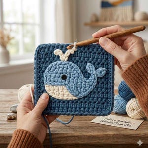 Crochet Whale Coaster Pattern – Sea Animal Granny Square (PDF)