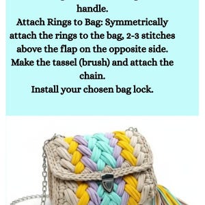 May include: A woven handbag with a flap closure, featuring a chain strap and a tassel. The bag is beige with woven sections of yellow, light blue, and lavender. The text "F. Final Assembly" is at the top.