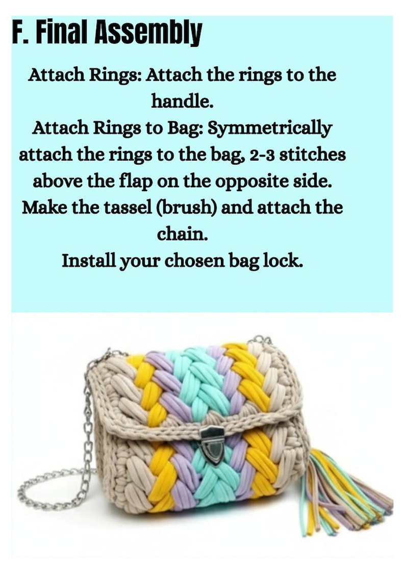 May include: A woven handbag with a flap closure, featuring a chain strap and a tassel. The bag is beige with woven sections of yellow, light blue, and lavender. The text "F. Final Assembly" is at the top.