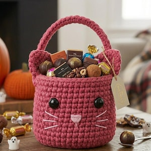 May include: A dark pink crocheted basket shaped like a cat face with black plastic eyes, embroidered white whiskers, and a pink nose. The basket is filled with assorted chocolates, including square bars and round truffles, and has a beige paper tag.