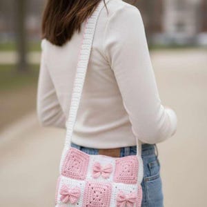 Crochet Bow Tote Bag Pattern, Coquette Granny Square Purse (Digital PDF Download) image 1