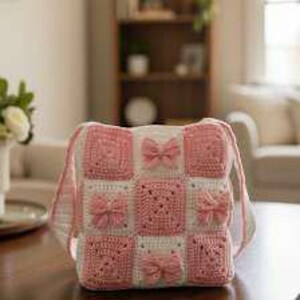 Crochet Bow Tote Bag Pattern, Coquette Granny Square Purse (Digital PDF Download) image 2