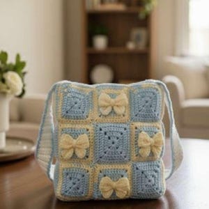 Crochet Bow Tote Bag Pattern, Coquette Granny Square Purse (Digital PDF Download) image 4