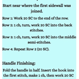May include: Text instructions for crocheting a bag handle (flap). The instructions include steps for working rows of single crochet stitches (SC), turning, and finishing the handle. The text is on a light blue background.