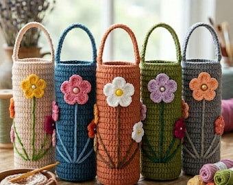 Modèle floral de porte-bouteille au crochet - Manches bohèmes avec appliqué floral (téléchargement PDF)