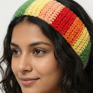 Può includere: Una fascia colorata all'uncinetto con un arcobaleno di colori: verde, giallo, rosso e arancione. La fascia è indossata sulla fronte ed è realizzata con un filato morbido e strutturato. L'accessorio aggiunge un tocco di colore.