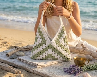 Modello per borsa tote quadrata all'uncinetto color verde salvia, stile "Grandma Square" – Borsa a tracolla boho (PDF digitale)