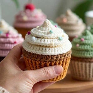 May include: A collection of handmade crochet cupcakes in various colors. The cupcakes have white, pink, and green frosting, with colorful sprinkles. The cupcake wrappers are brown and orange. One cupcake is held in a hand.