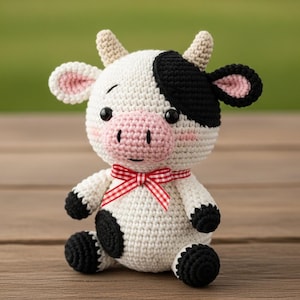 Può includere: Un peluche a forma di mucca fatto a mano all'uncinetto, con corpo bianco, macchie nere e muso rosa. Ha un fiocco a scacchi rosso e bianco e occhi neri. La mucca è seduta su una superficie di legno.