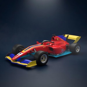 Pode incluir: Um carro de corrida de Fórmula 1 vermelho, azul e amarelo com pneus pretos. O carro tem o número 7 e uma asa traseira amarela. O fundo é azul escuro.