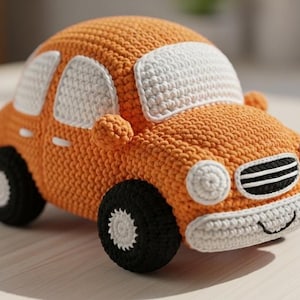 Könnte beinhalten: Ein orangefarbenes gehäkeltes Spielzeugauto mit weißen Fensterrahmen, Scheinwerfern und einem lächelnden Gesicht. Das Auto hat schwarze Räder mit weißen Zentren. Ein handgefertigtes, weiches Spielzeug für Kinder.