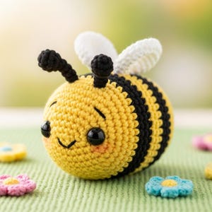 May include: A handmade crocheted bee, featuring a yellow body with black stripes and white wings. The bee has black eyes and antennae, and a smiling face. Small, colourful crocheted flowers are scattered around.