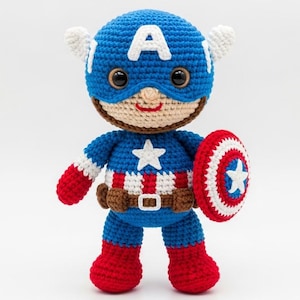 Schema all'uncinetto amigurumi per Captain Hero in PDF - Tutorial per bambola scudo (termini USA)
