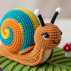 Könnte beinhalten: Gehäkelte Schnecke mit einem bunten Gehäuse in Blau, Orange und Gelb. Die Schnecke hat einen braunen Körper, schwarze Fühler und sitzt auf einem grünen Blatt mit Pilz-Akzenten. Ein handgefertigtes Dekorationsobjekt.