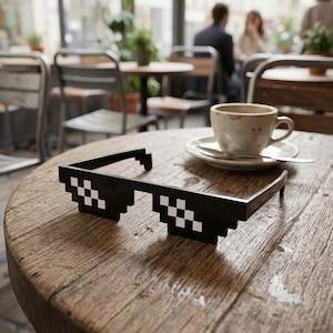 May include: Black pixelated sunglasses with white squares on a wooden table. A coffee cup and saucer are in the background. The sunglasses have a unique, retro design.