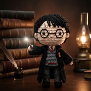 May include: A crocheted doll of a character with black hair, round glasses, and a scar on his forehead, wearing a black robe and holding a wand with a glowing tip. The doll is standing in front of a stack of books and a lit lamp.