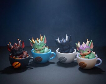 Sleeping Dragon Coffee Cup Figurine, Chibi Fantasy Desk Toy, Resin Art Home Decor
