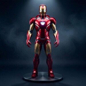 May include: A red and gold Iron Man action figure stands on a silver circular base. The figure has a red and gold metallic suit with a glowing white chest piece and helmet. The figure is posed with arms at its sides.