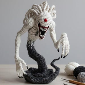 May include: A handmade crochet monster with a white body, a red nose, and a wide, toothy grin. The monster has long arms and a dark gray, serpentine tail. Black yarn and crochet hooks are visible.