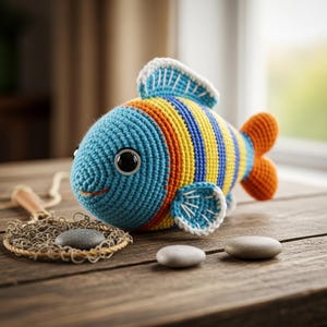 May include: A handmade crochet fish toy in blue, orange, yellow, and white. The fish has large black eyes and orange fins. It is sitting on a wooden surface next to a small net and stones. A charming, colorful decorative item.