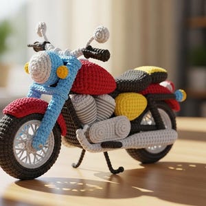 Puede incluir: Una motocicleta de ganchillo hecha a mano en rojo, azul, amarillo, negro y gris. La motocicleta de juguete presenta un diseño detallado con ruedas, manillar y asiento. El trabajo de ganchillo es visible, mostrando la textura y la artesanía de la pieza.