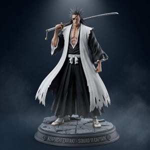 May include: A detailed figurine of Kenpachi Zaraki, a character from the anime Bleach. The figure is in a dynamic pose, holding a large sword. It features a black and white outfit, an eye patch, and a stern expression. The base reads "Kenpachi Zaraki - Squad 11 Captain."