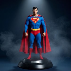 Puede incluir: Figura de Superman sobre una base negra. La figura viste un traje azul con un emblema "S" rojo, calzoncillos rojos y un cinturón amarillo. Una capa roja cae sobre los hombros. La base dice "SUPERMAN".