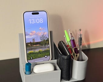 Soporte para teléfono y organizador de escritorio / Base de carga / Portalápices / Accesorio de oficina minimalista / Impresión 3D