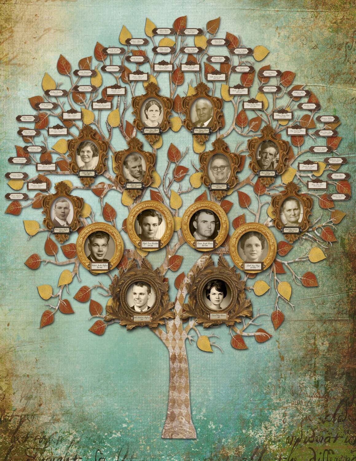Family Tree Art Custom Five Generation with 14 Photos and 48 Etsy